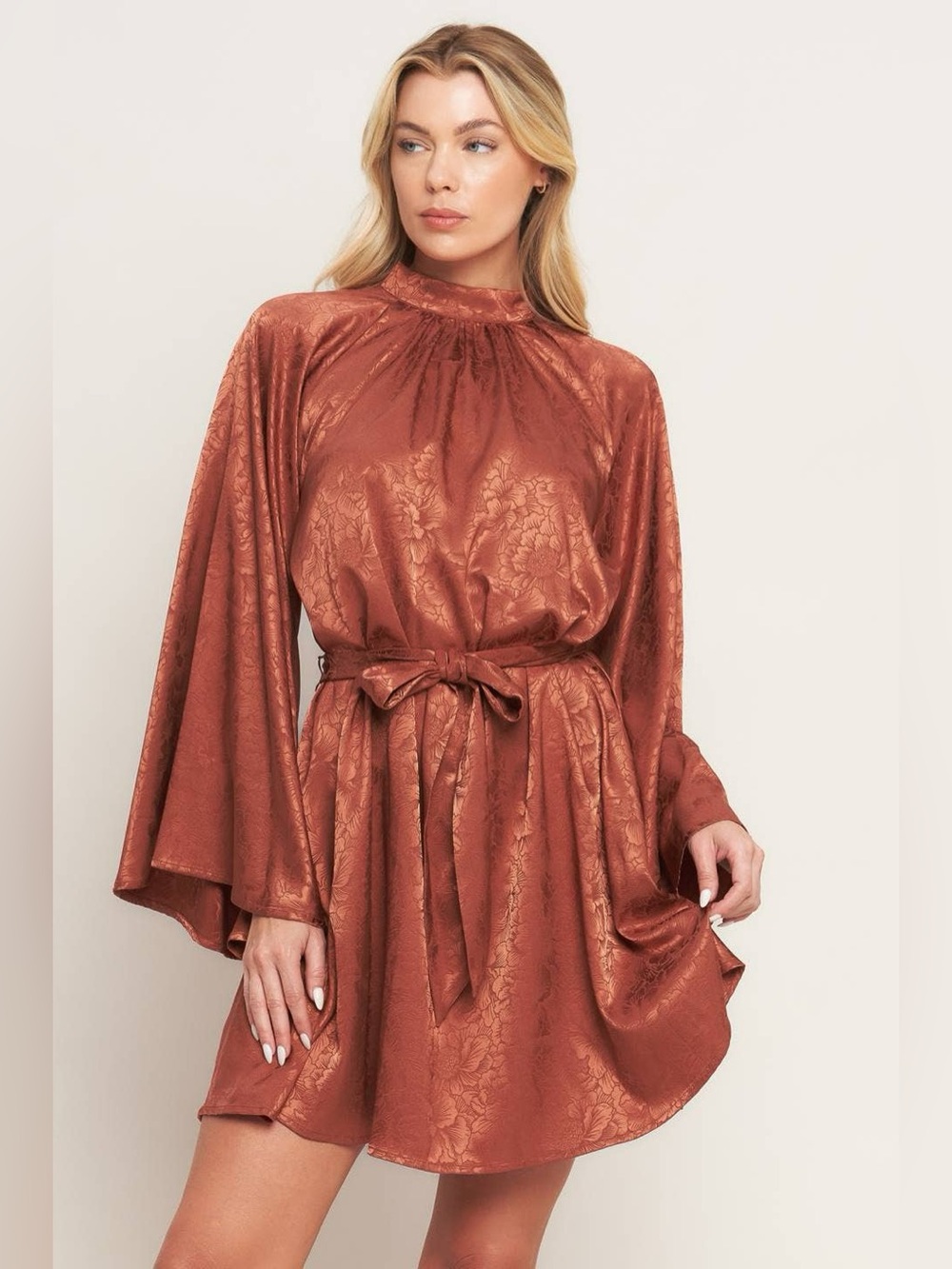 Rust Satin Jacquard Tie-Waist Mini Dress
